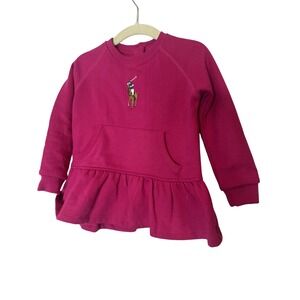 Ralph Lauren Sweater Dress Girls 24M Pink Fleece Kangaroo Pocket Ruffle‎